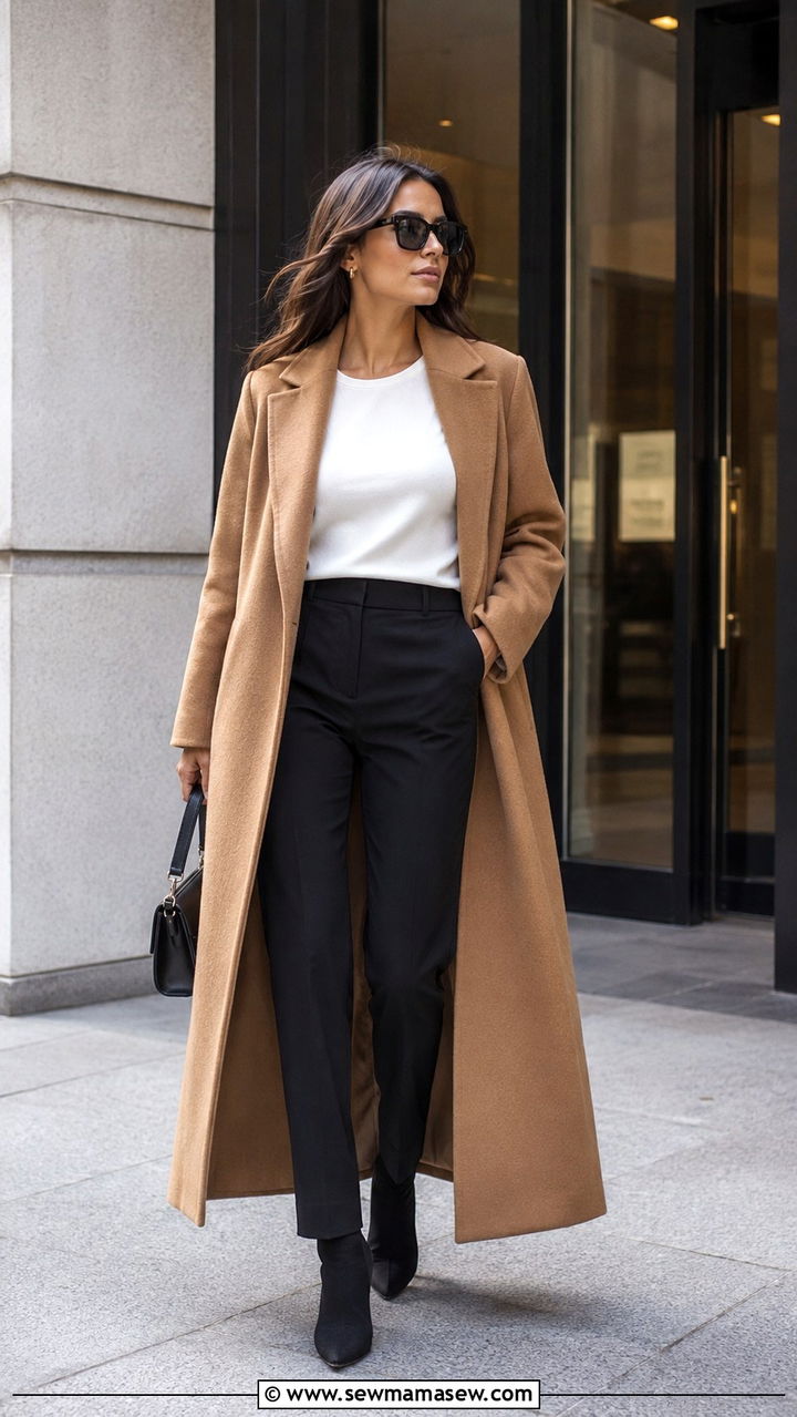 Long Line Coat Over Sleeveless Shell and Straight Trousers - 25 Outfit ideas for muscular arms