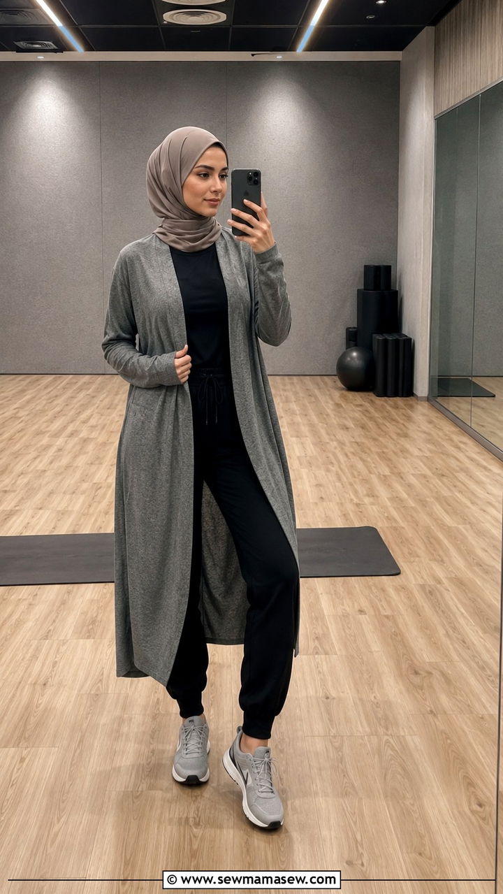 Long Line Duster Top with Slim Joggers - 25 Modest gym outfit ideas with hijab