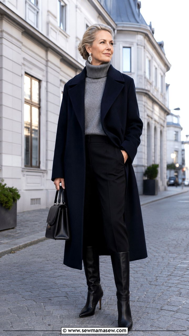 Long Line Navy Coat with Gray Cashmere and Black Trousers - 30 scandinavian outfit ideas for women over 40