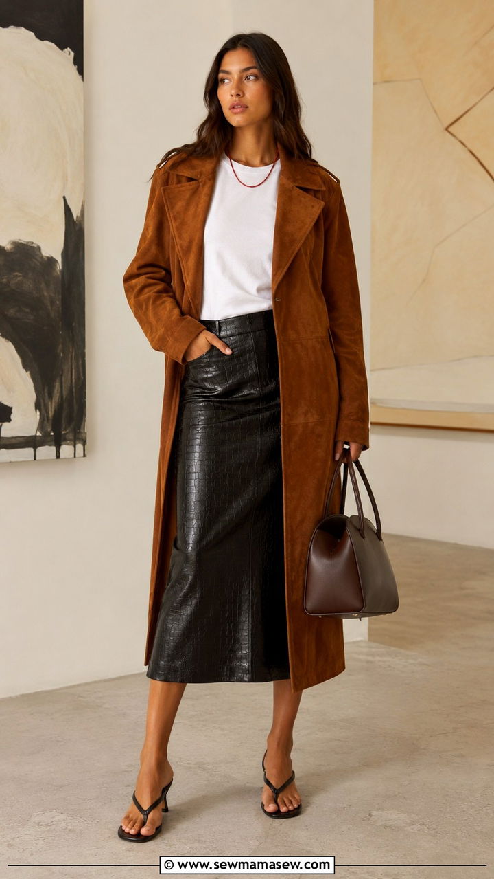 Long Line Suede Coat Over a White Tee and Croc Embossed Midi Skirt - 20 summer to fall outfits trends