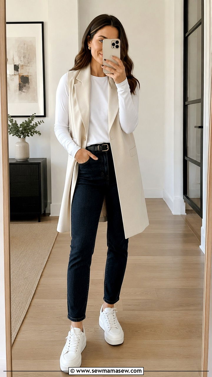 Long Line Vest With Tapered Jeans And Platform Sneakers - 25 Work outfits with sneakers and jeans