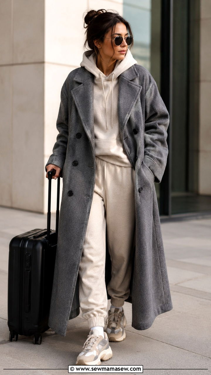 Long Maxi Double Breasted Coat with Hoodie and Joggers - 30 Double breasted coat outfit ideas