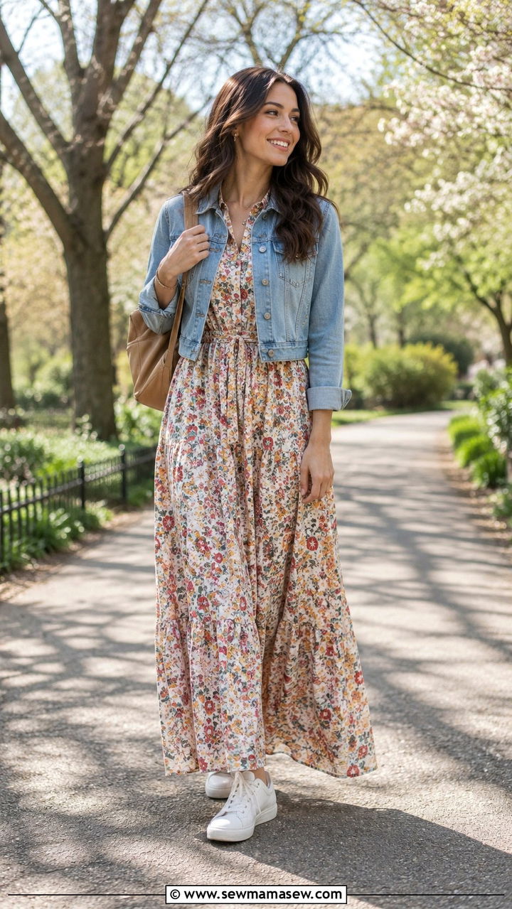 Long Maxi Dress With Denim Jacket - 20 Modest outfit ideas for Pakistan
