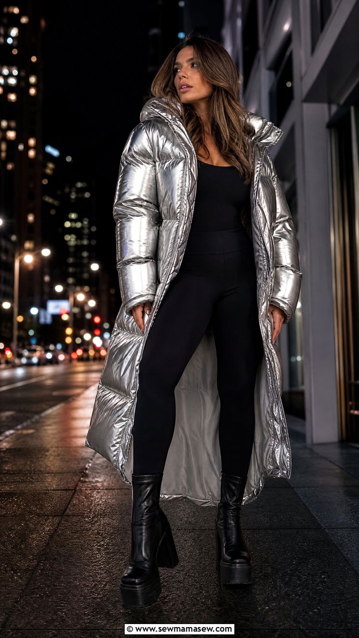 Long Metallic Silver Puffer Coat with Black Essentials - 30 Long puffer coat outfit ideas