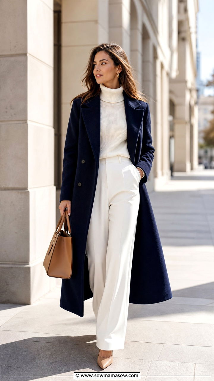 Long Navy Coat with Cream Knit and White Wide Leg Pants - 35 Long coat outfit ideas