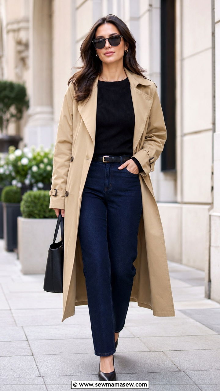 Long Navy Straight Leg Jeans With Black Top - 30 office outfits Pinterest