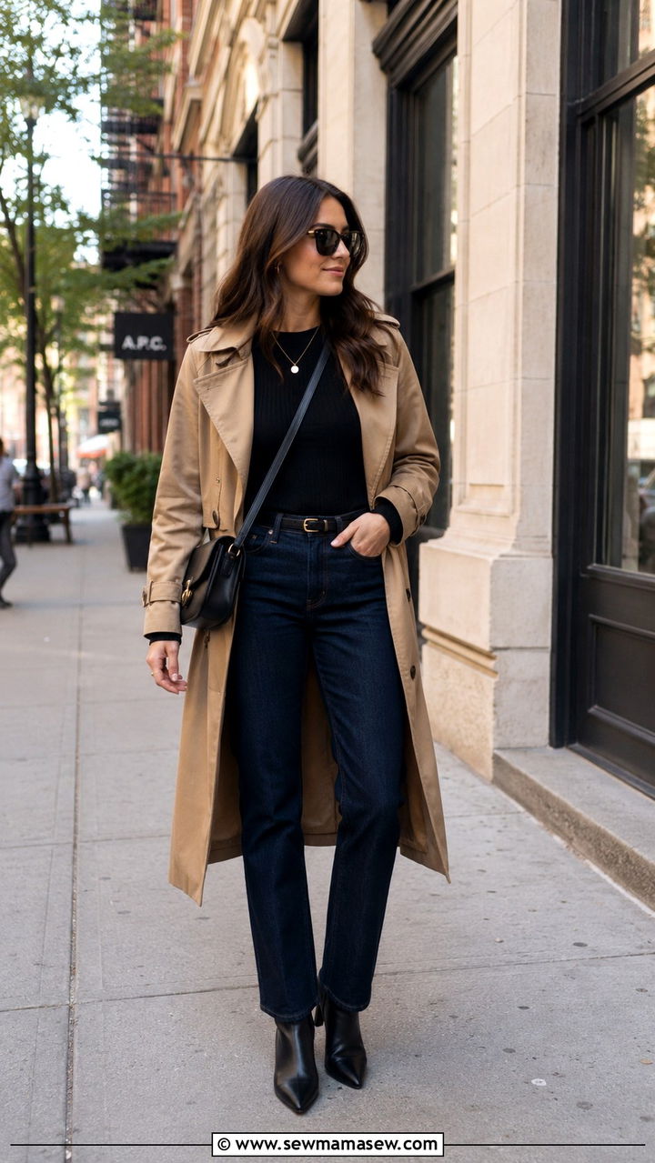 Long Navy Straight Leg Jeans with Black Top - 30 Business casual outfits pinterest