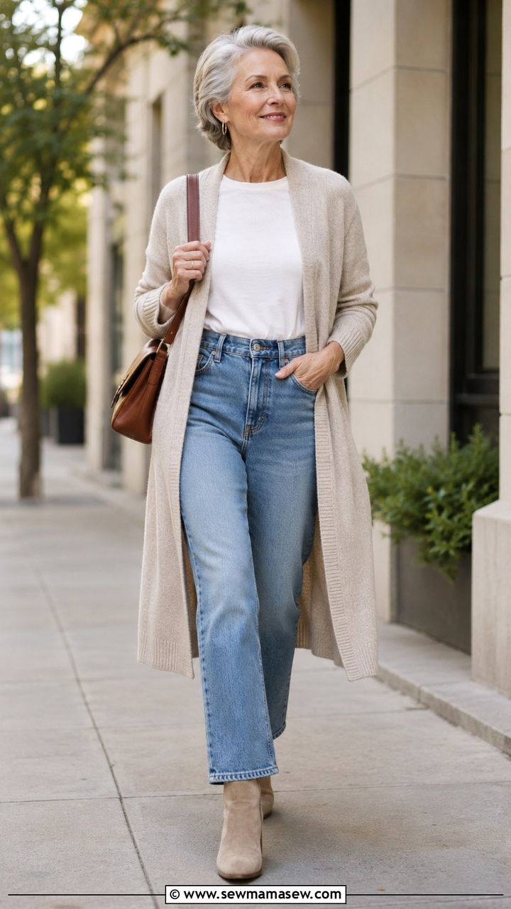Long Neutral Cardigan with White Tee and High Waisted Jeans - 30 Minimalist outfits for women over 60