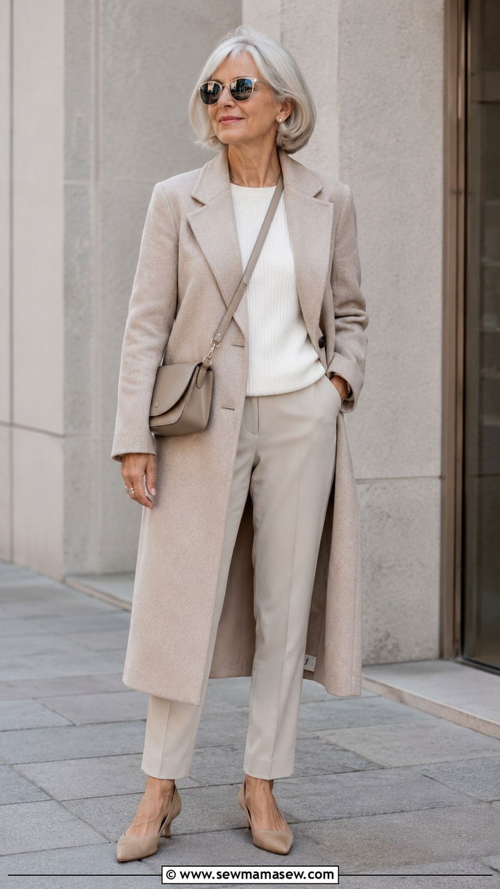 Long Neutral Coat with White Knit Outfit - 30 Parisian outfits for women over 60