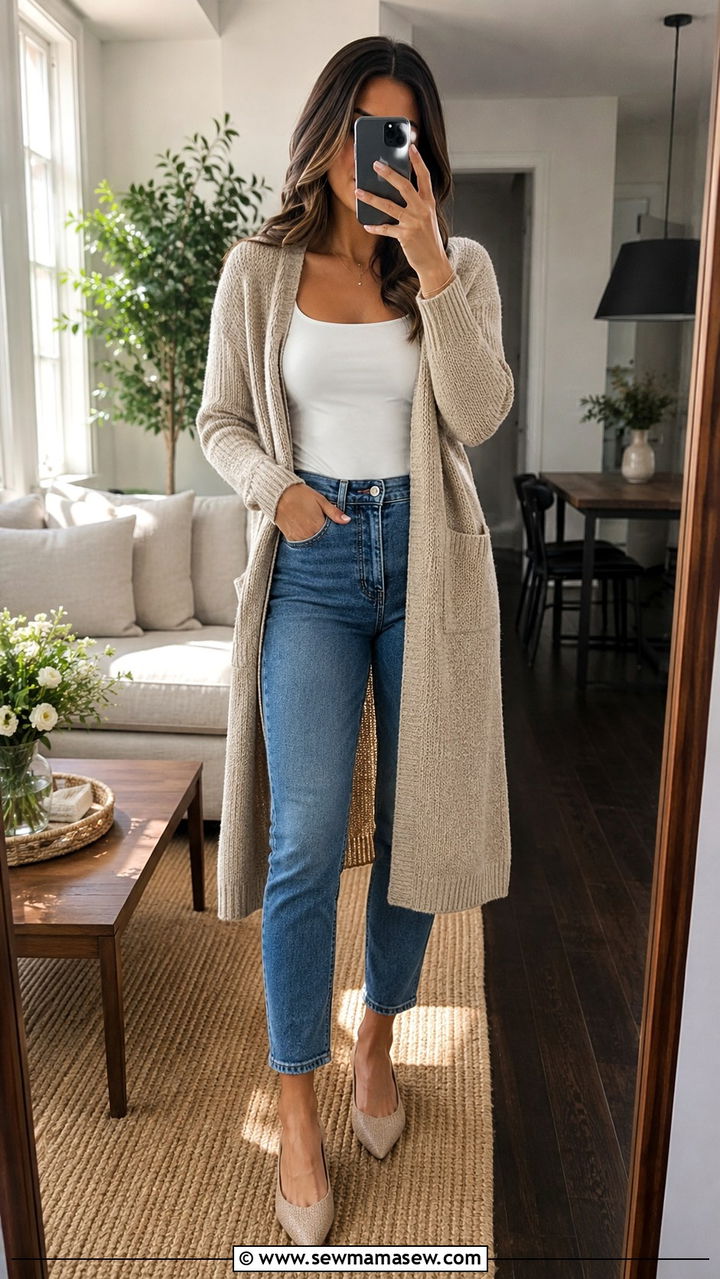Long Open Cardigan Over Ankle Jeans - 30 Outfit ideas for long torso