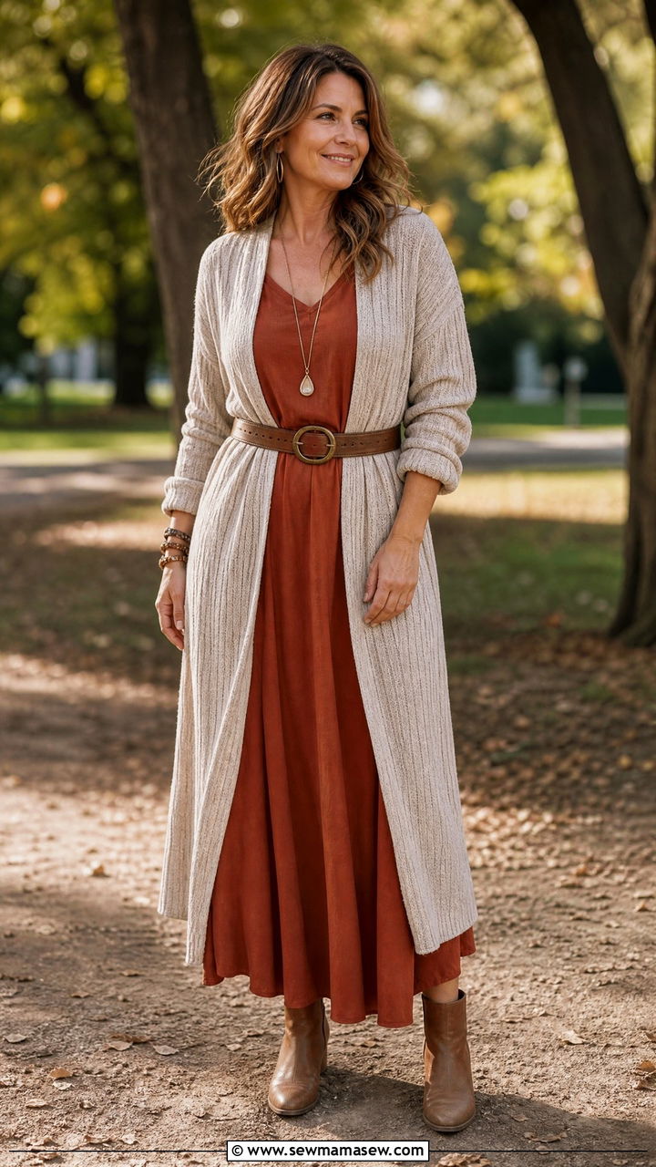 Long Open Cardigan Over a Solid Maxi Dress - 30 boho chic outfit ideas for women over 40