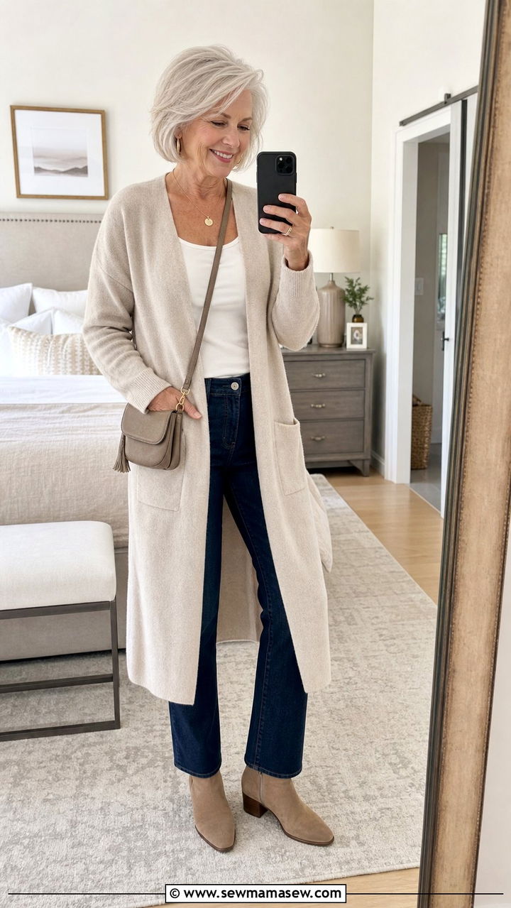 Long Open Cardigan With Straight Leg Jeans - 25 Elevated casual outfit ideas for women over 60