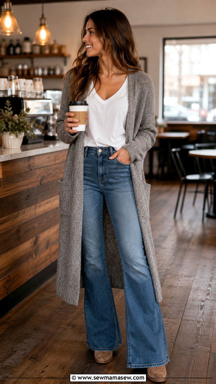 Long Open Cardigan With V Neck Tee and Flared Jeans - 30 Outfit ideas for broad shoulders