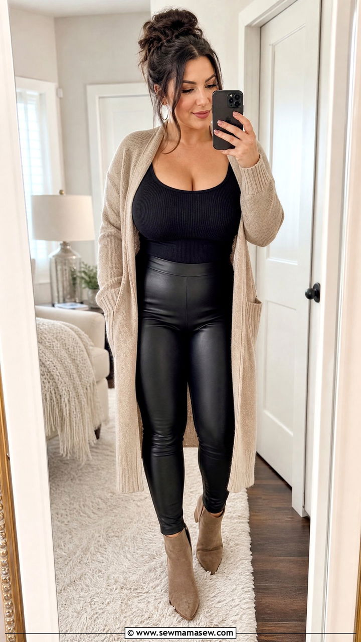 Long Open Front Cardigan Over A Ribbed Tank With Leggings - 25 casual outfits for women with big bust