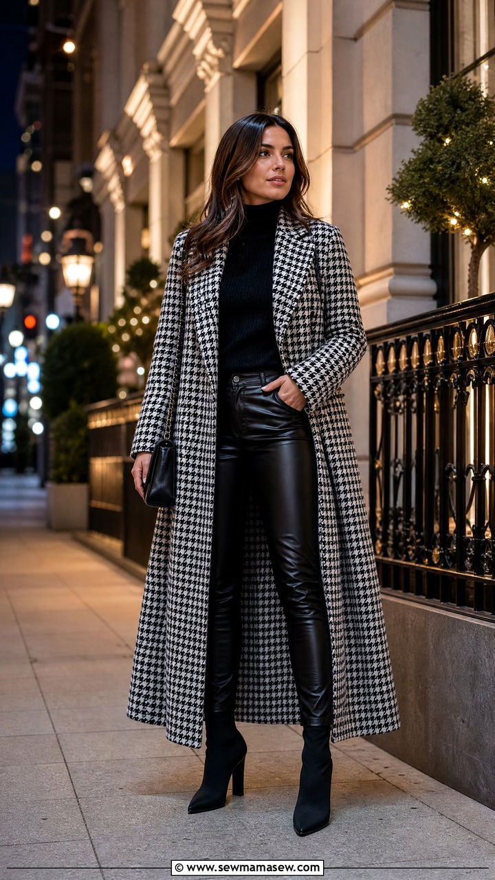 Long Plaid Coat with Black Turtleneck and Faux Leather Pants - 35 Long coat outfit ideas
