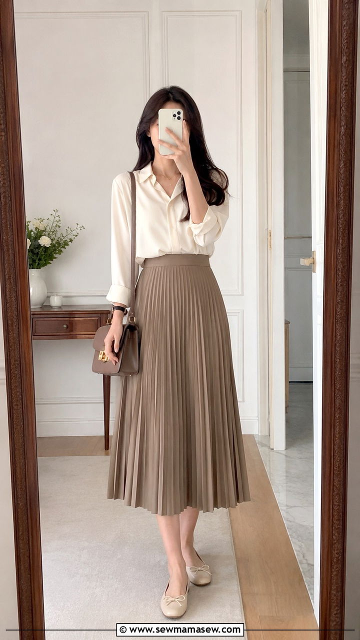 Long Pleated Skirt with Tucked Blouse - 25 outfit ideas for modest women