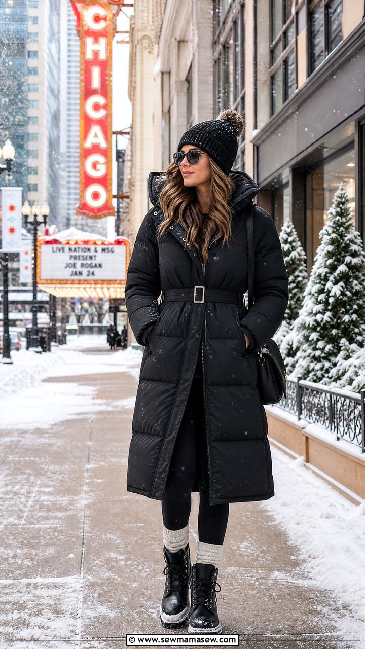 Long Puffer Coat With Fleece Leggings and Waterproof Boots - 25 Chicago outfit ideas