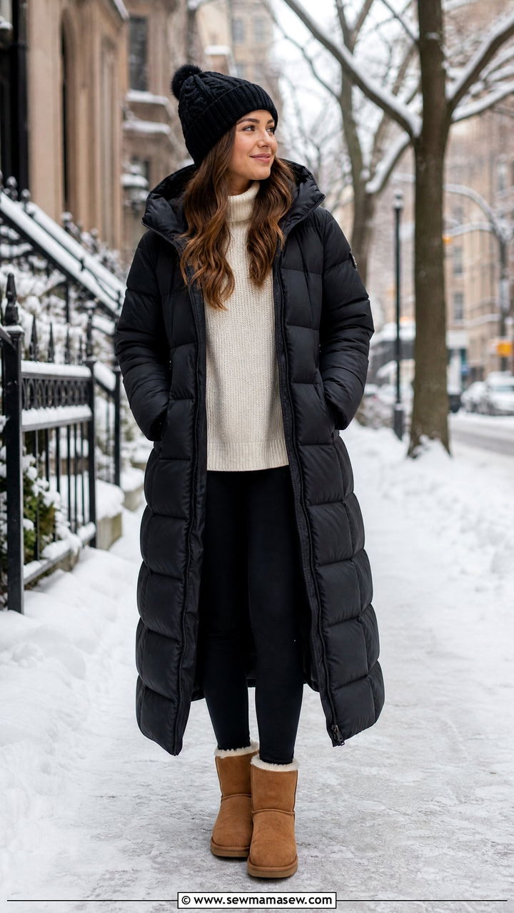 Long Puffer Coat With Fleece Lined Leggings And Chestnut Uggs - 25 Uggs and leggings outfit ideas