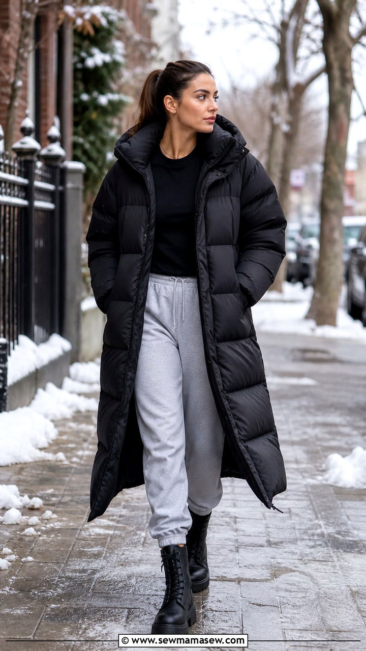 Long Puffer Coat With Joggers And Chunky Boots - 40 Road trip outfit ideas