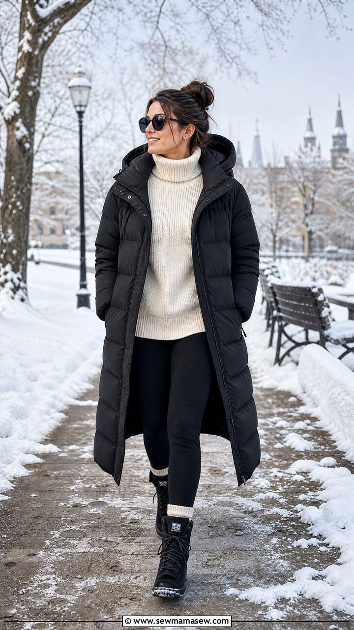 Long Puffer Coat and Fleece Lined Leggings With Snow Boots - 25 Glasgow outfit ideas