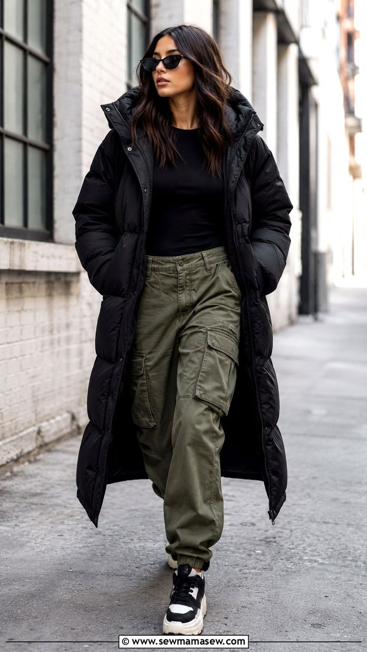 Long Puffer Coat with Cargo Pants - 30 Long puffer coat outfit ideas
