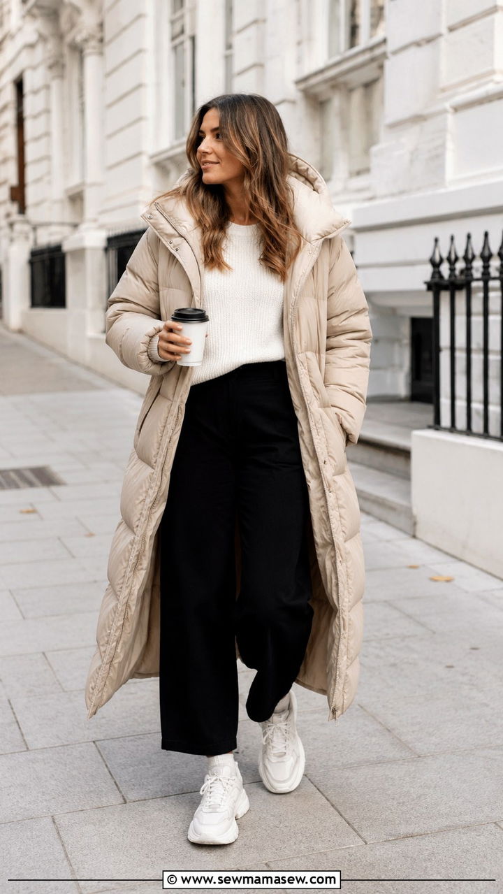 Long Puffer Coat with Chunky Trainers - 30 Long puffer coat outfit ideas