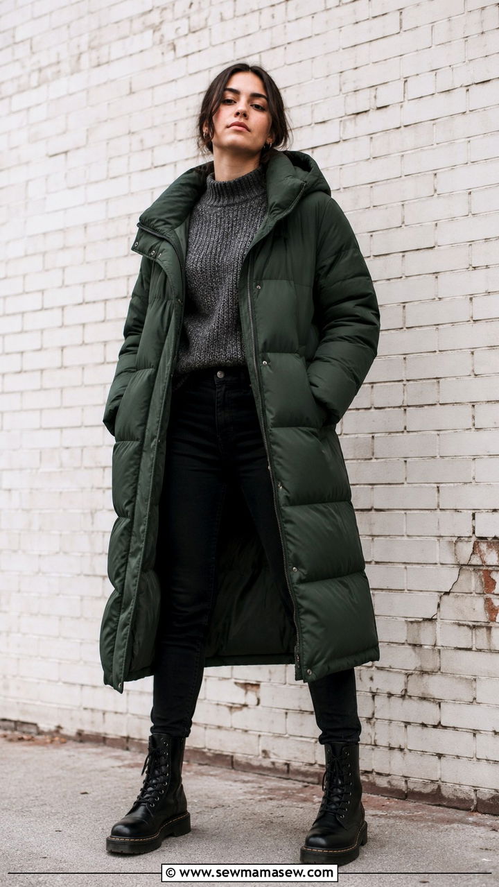 Long Puffer Coat with Combat Boots - 30 Long puffer coat outfit ideas