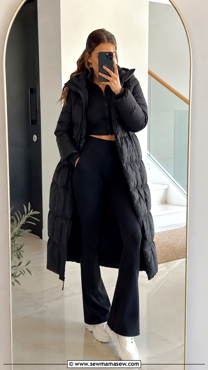 Long Puffer Coat with Flared Leggings - 30 Long puffer coat outfit ideas
