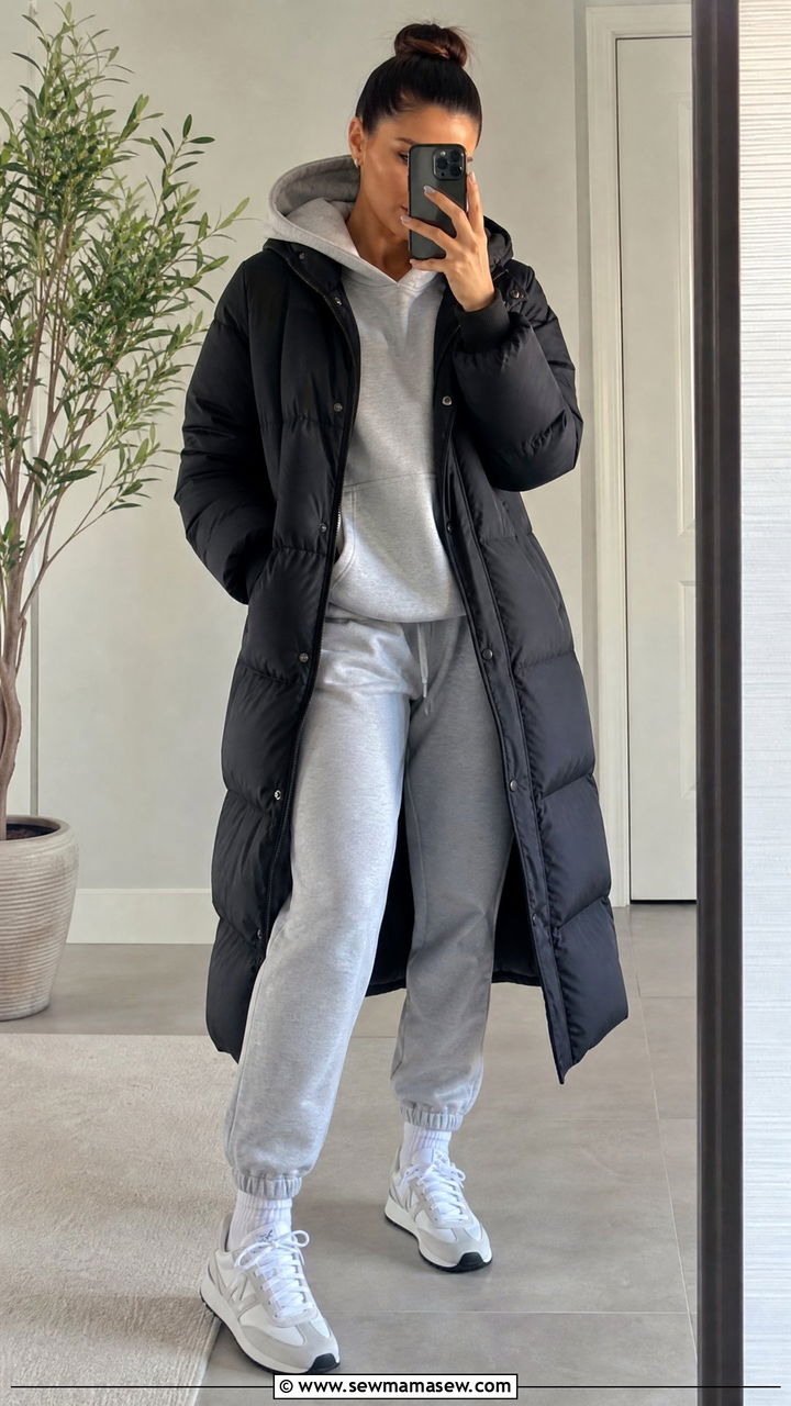 Long Puffer Coat with Hoodie and Joggers - 30 Long puffer coat outfit ideas