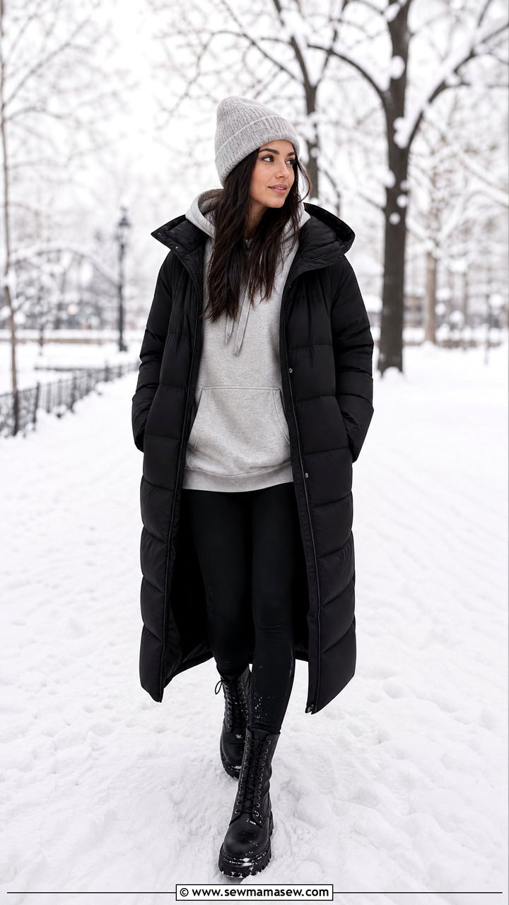 Long Puffer Coat with Hoodie and Leggings - 35 Long coat outfit ideas