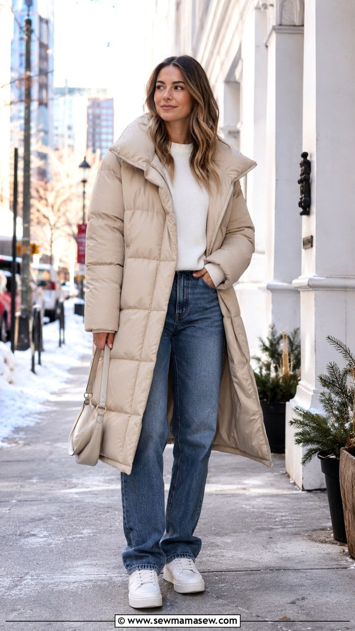 Long Puffer Coat with Jeans and Sneakers - 30 Long puffer coat outfit ideas