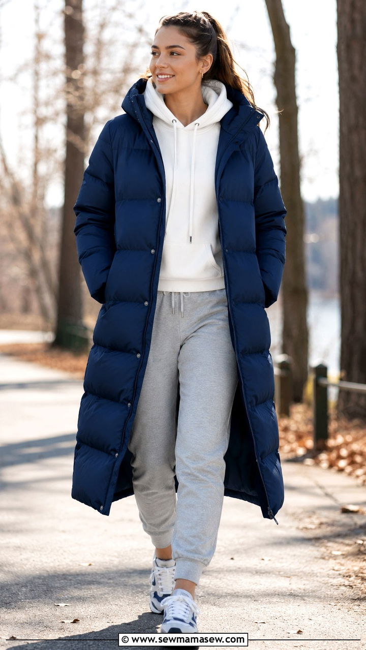 Long Puffer Coat with Joggers - 30 Long puffer coat outfit ideas