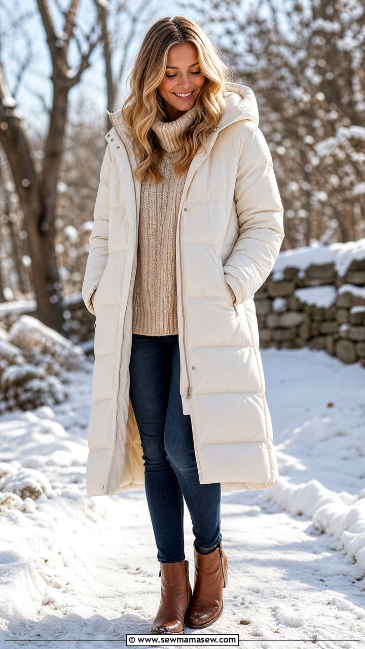 Long Puffer Coat with Knit Sweater and Skinny Jeans - 30 Long puffer coat outfit ideas