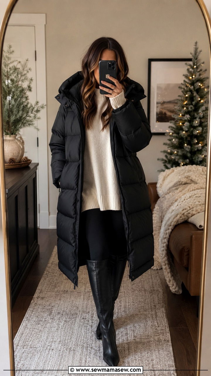 Long Puffer Coat with Leggings and Tall Boots - 30 Long puffer coat outfit ideas