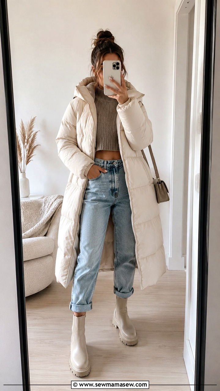 Long Puffer Coat with Mom Jeans - 30 Long puffer coat outfit ideas