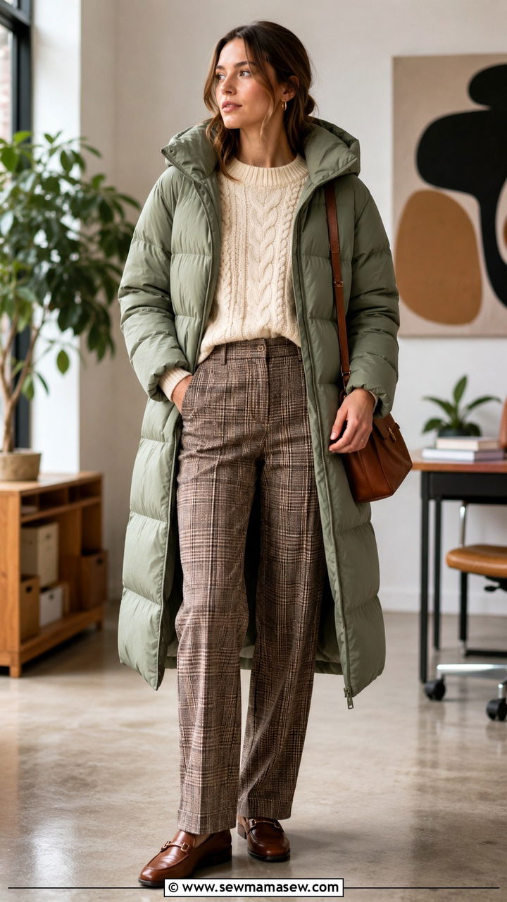Long Puffer Coat with Plaid Trousers - 30 Long puffer coat outfit ideas