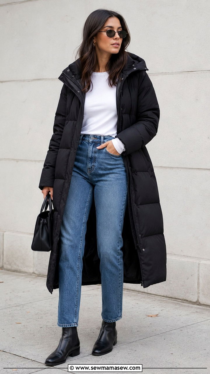 Long Puffer Coat with Straight Leg Jeans - 30 Long puffer coat outfit ideas