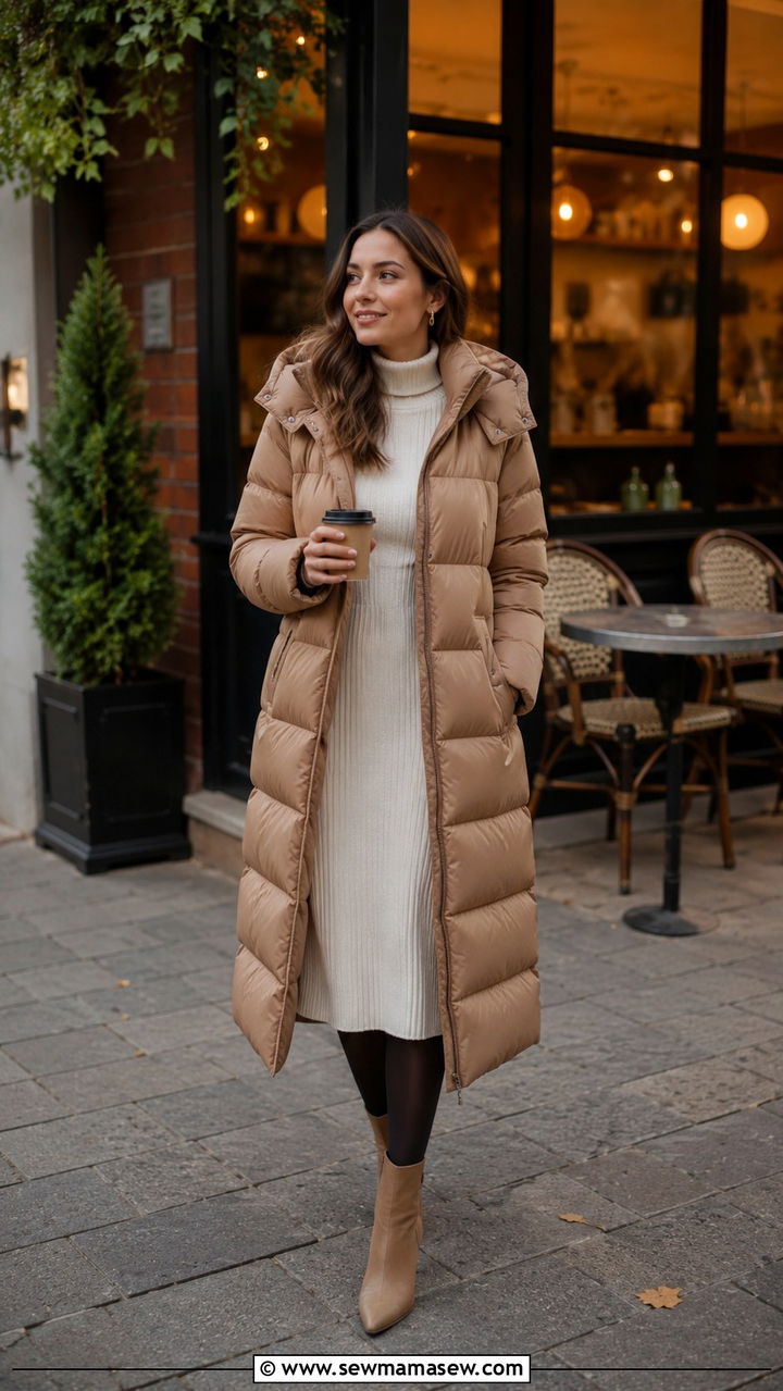 Long Puffer Coat with Sweater Dress - 30 Long puffer coat outfit ideas