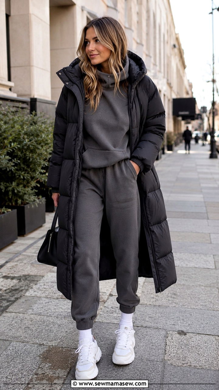 Long Puffer Coat with Tracksuit - 30 Long puffer coat outfit ideas