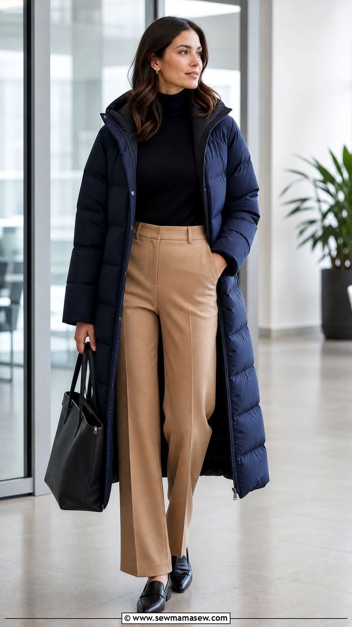 Long Puffer Coat with Turtleneck and Tailored Trousers - 30 Long puffer coat outfit ideas