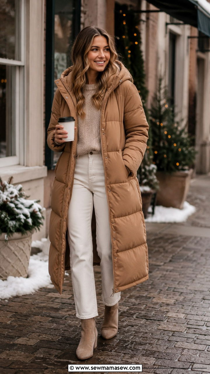 Long Puffer Coat with White Jeans - 30 Long puffer coat outfit ideas