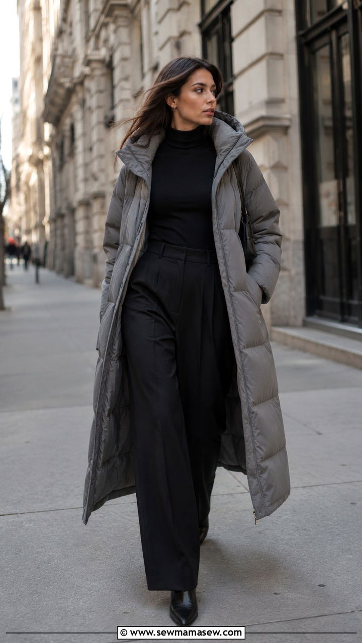 Long Puffer Coat with Wide Leg Trousers - 30 Long puffer coat outfit ideas