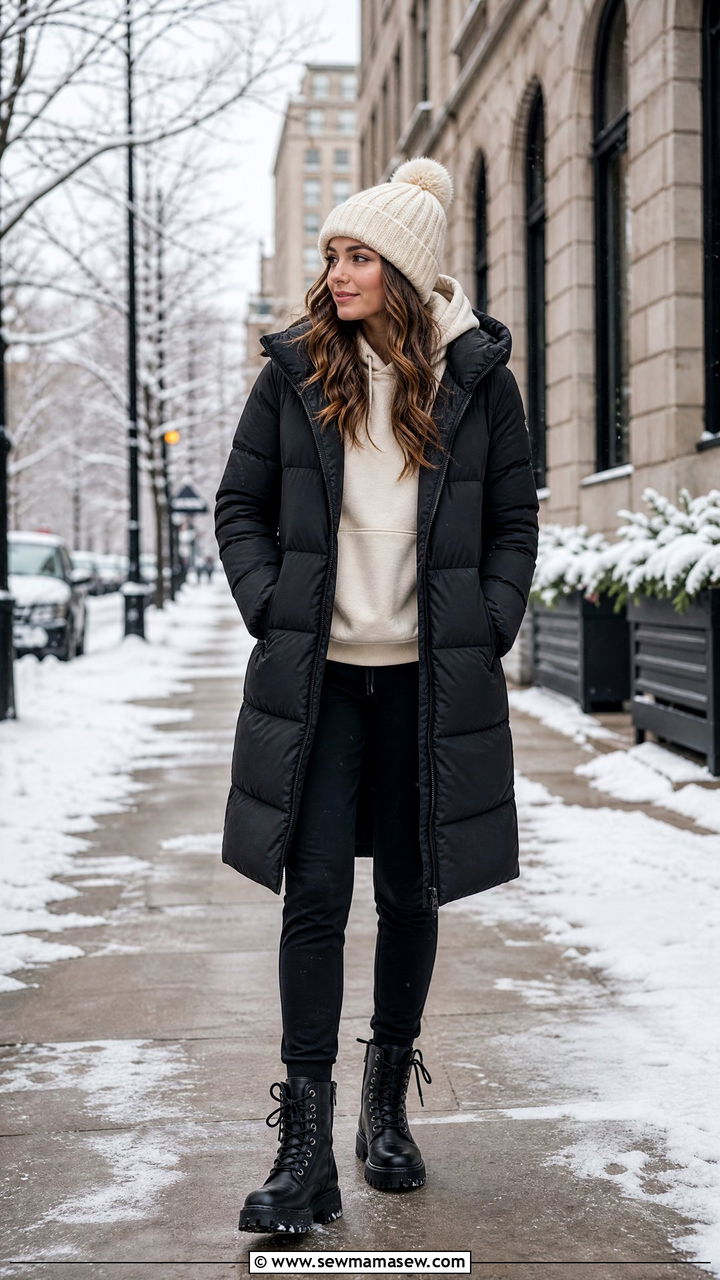 Long Puffer Jacket And Hoodie With Joggers And Boots - 35 jacket outfits