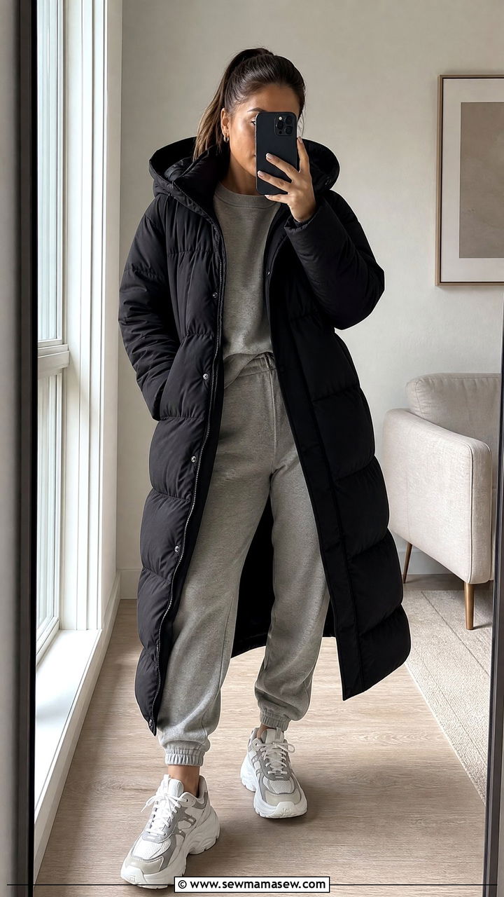 Long Puffer Jacket With Lounge Joggers and Sneakers - 30 rainy day outfits casual