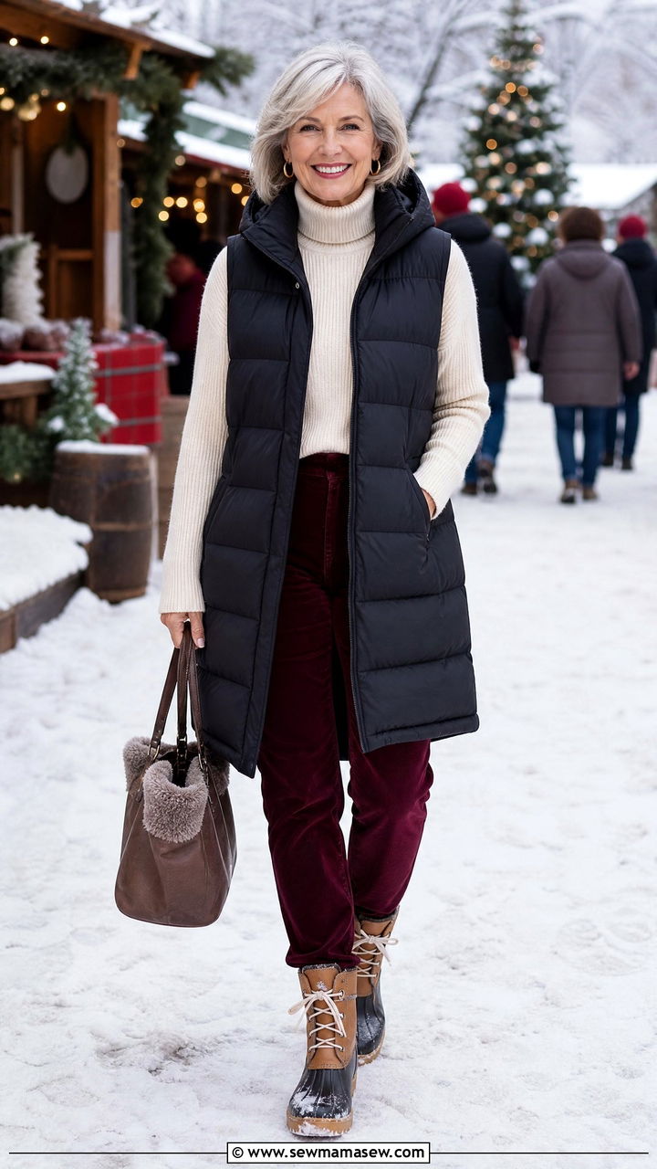 Long Puffer Vest Over Turtleneck and Velvet Cords with Duck Boots - 30 Concert outfits for women over 60