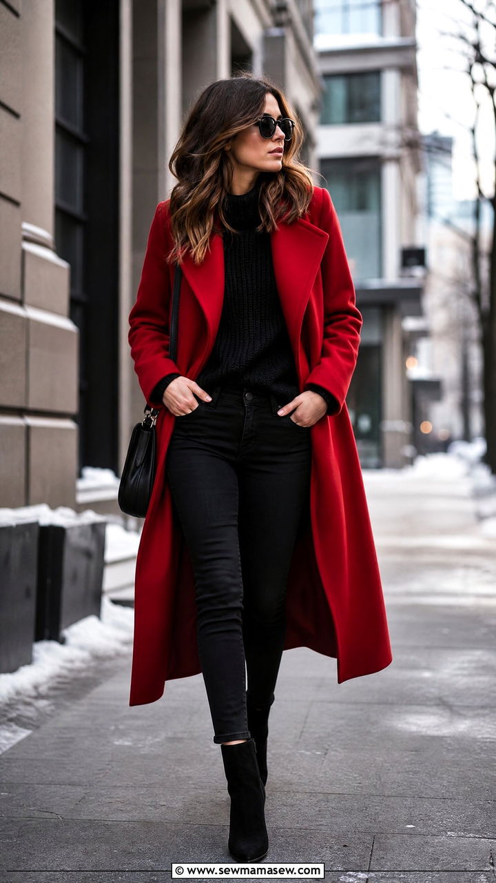 Long Red Coat with All Black Base and Ankle Boots - 35 Long coat outfit ideas