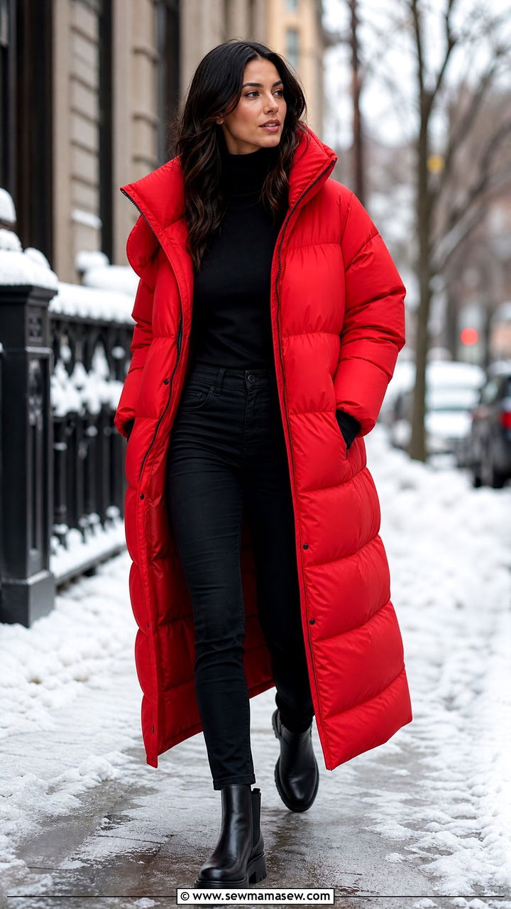 Long Red Puffer Coat with Black Basics - 30 Long puffer coat outfit ideas