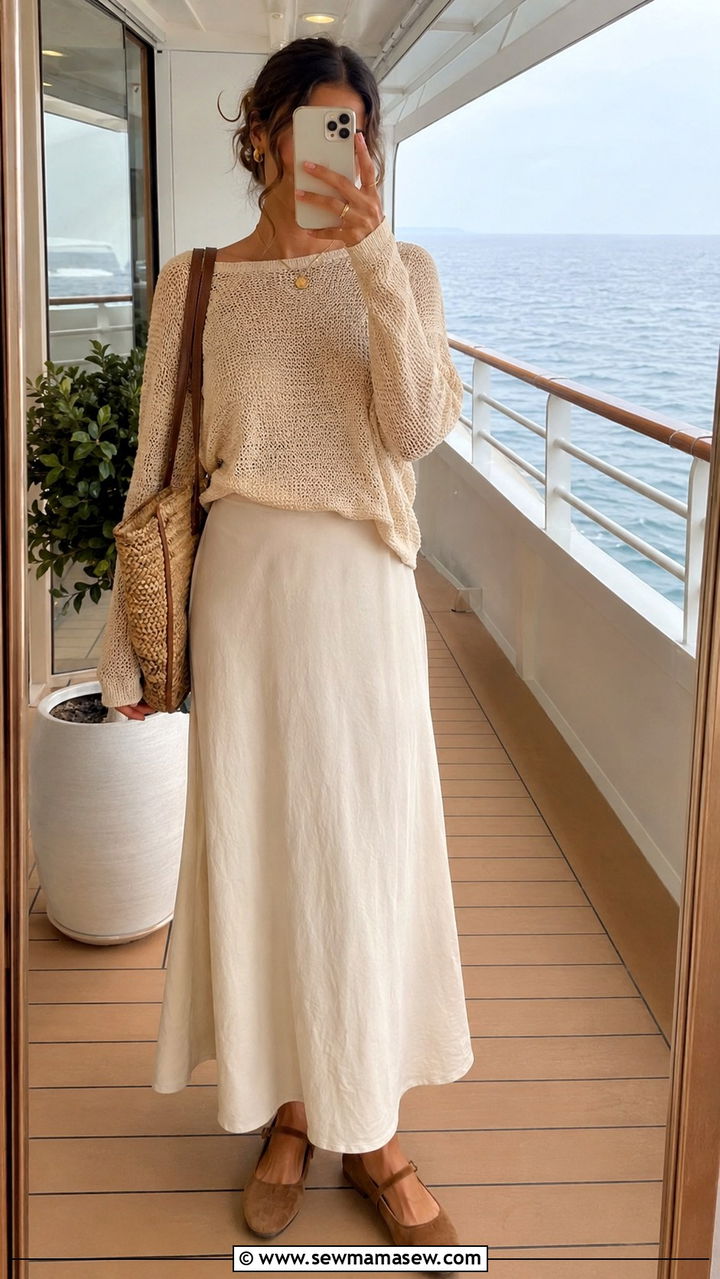 Long Skirt with Lightweight Knit Top - 30 modest cruise outfit ideas