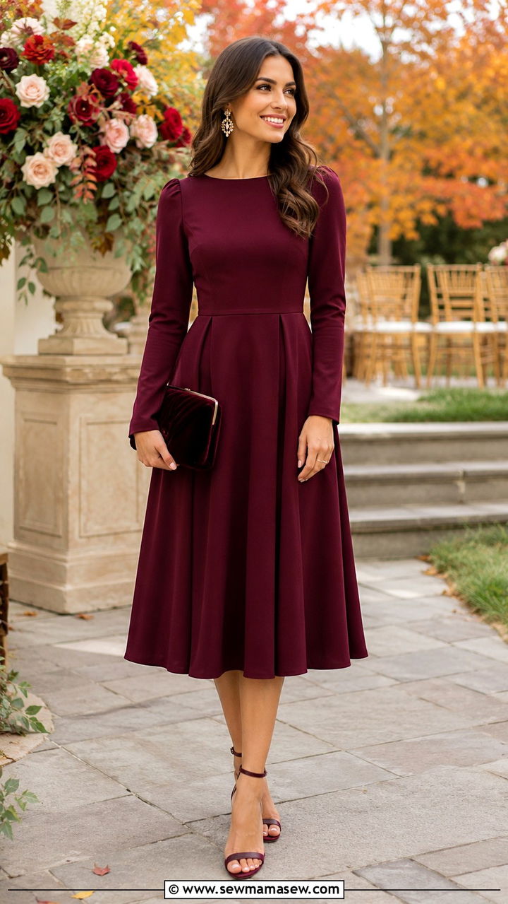 Long Sleeve A Line Dress with Ankle Strap Heels - 25 Wedding guest outfit ideas A line dress