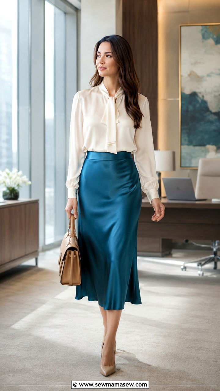 Long Sleeve Blouse With Satin Midi Skirt Office - 30 Satin midi skirt outfit ideas for work
